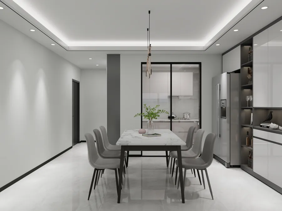 Modern dining room with marble table six grey chairs white walls and kitchen glass door