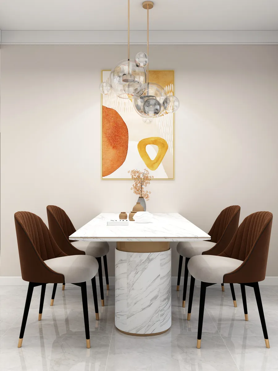 Modern dining room with marble table, brown chairs, abstract wall art, and glass ceiling lights