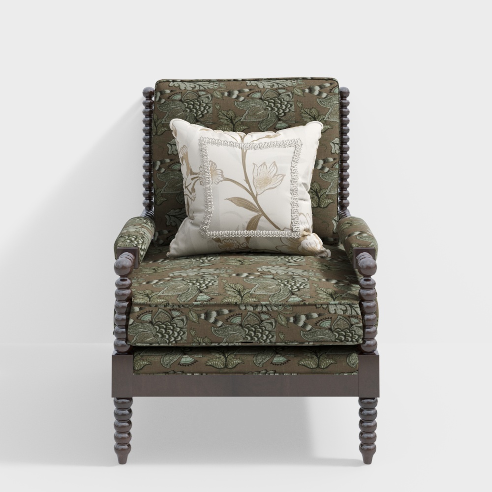 Vintage Armchair Cozy Charm 3D Model – Floral Fabric Design