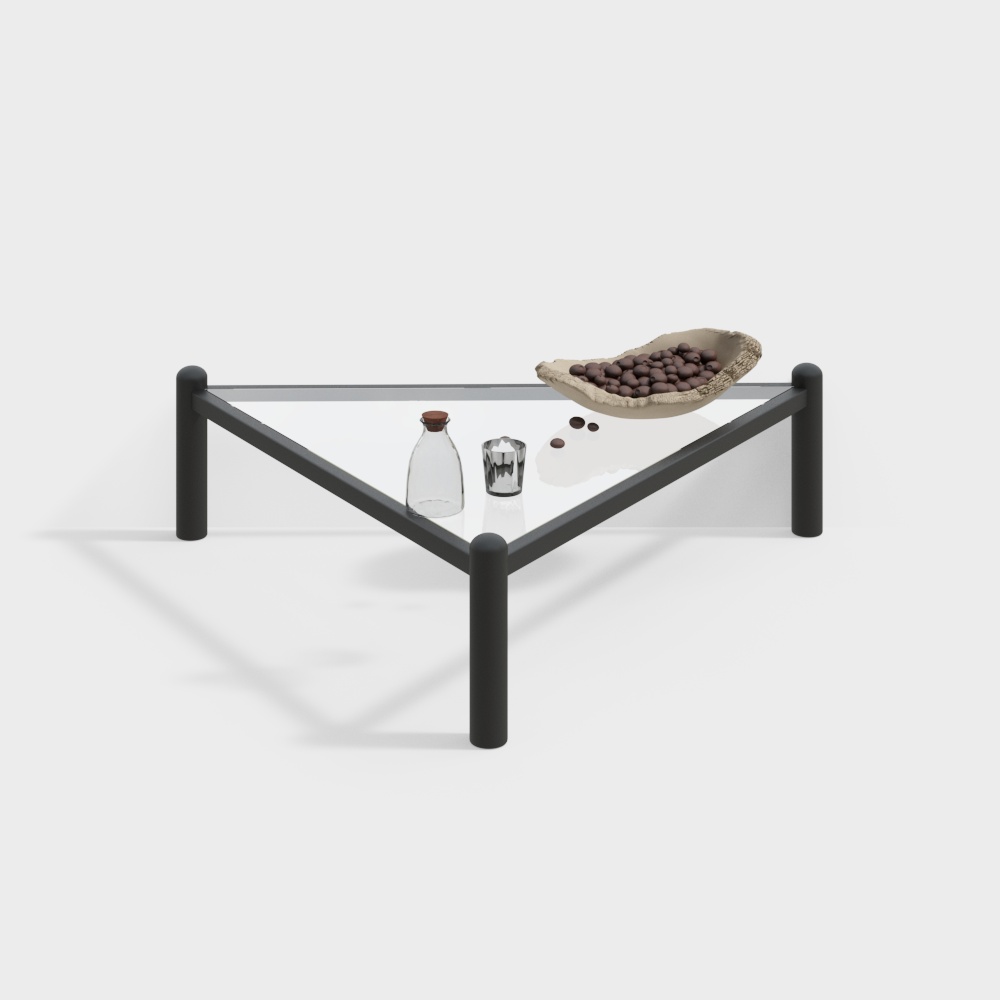 Triangular Glass Table 3D Model – Minimalist Black Metal Frame