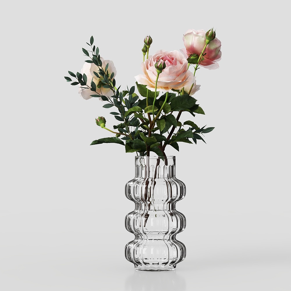 Glass Vase with Roses Low Poly 3D Model – Transparent & Detailed