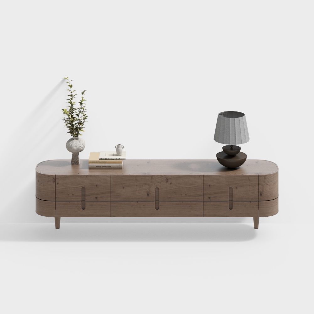 Mid-Century Modern TV Stand 3D Model – Walnut Wood Design