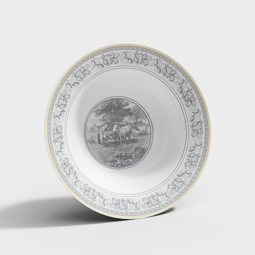Vintage Low Polygon Plate 3D Model – Floral & Rural Design