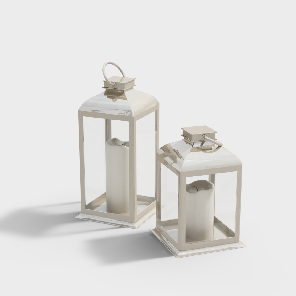 Minimalist Candle Holder Set 3D Model – Beige Metal Design