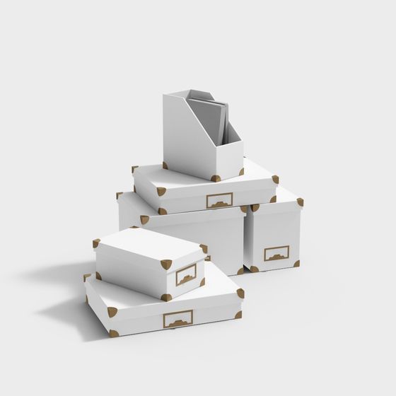 Elegant Storage Boxes 3D Model – Low-Poly White & Gold