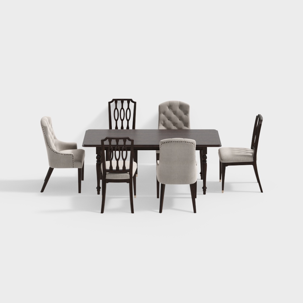 Elegant Dining Table and Chairs 3D Model – Classic Wood & Fabric