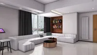 Modern living room with white sofa copper coffee tables dark curtains and a wine cabinet
