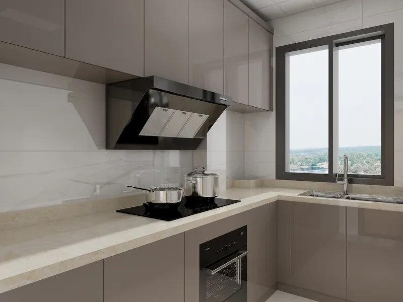 Modern kitchen with brown glossy cabinets, black stove hood, marble countertop, sink, and large window