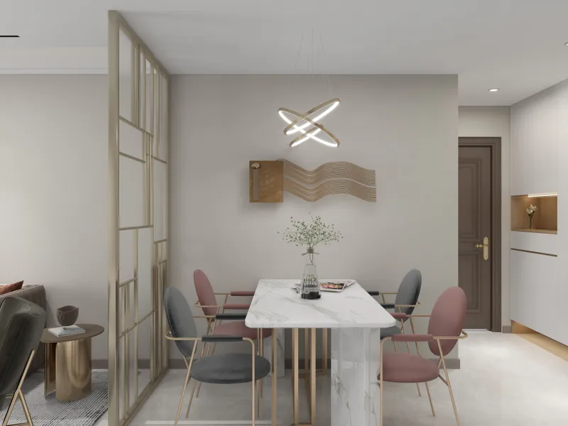 Modern dining room with marble table, grey and pink chairs, ring ceiling light, gold partition
