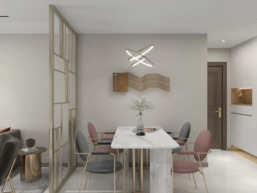 Modern dining room with marble table, grey and pink chairs, ring ceiling light, gold partition