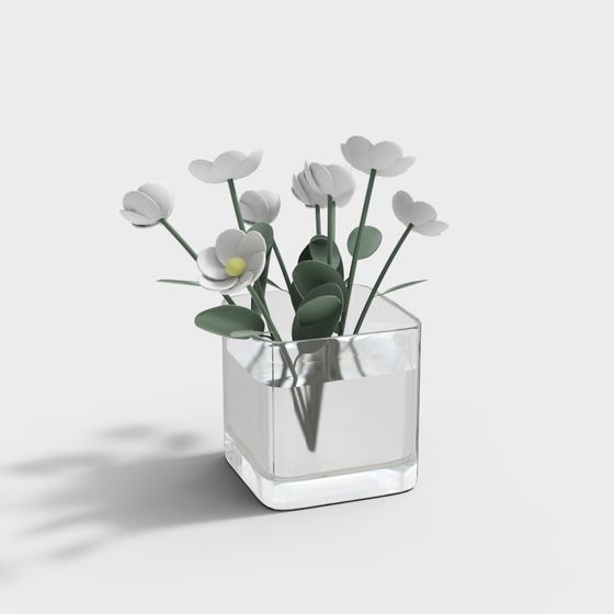 Elegant Glass Vase with White Flowers 3D model
