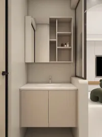 Minimalist bathroom vanity with cream cabinet white sink mirror open wall shelves and glass divider