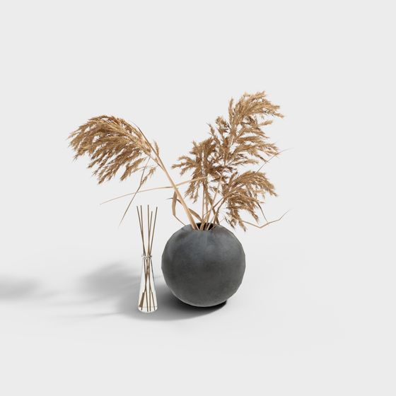 Stylish Grey Vase with Dried Grass Flowers 3D model