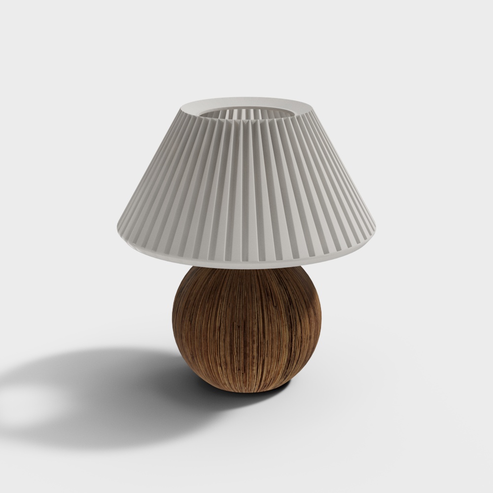 Modern Pleated Lamp 3D Model – Gray Shade & Wooden Base