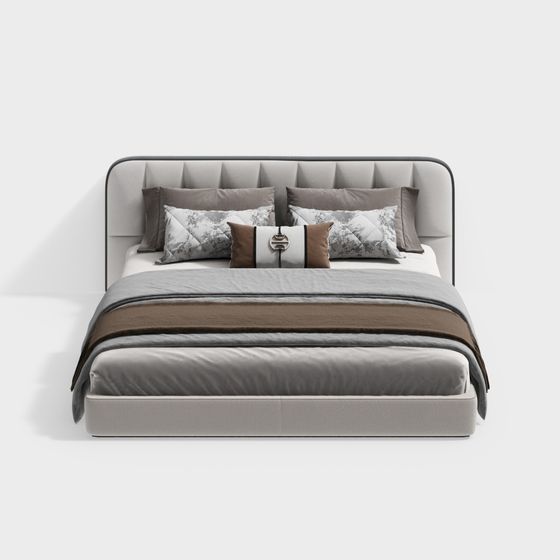 Contemporary Beige New Chinese Double Bed 3D Model for Elegant Bedrooms