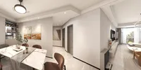 Open plan home interior with dining table chairs white walls marble floor and living room