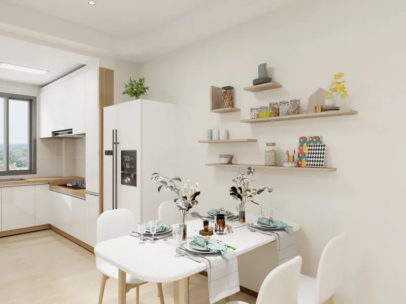 Modern white dining table with chairs next to a refrigerator and wooden kitchen wall shelves