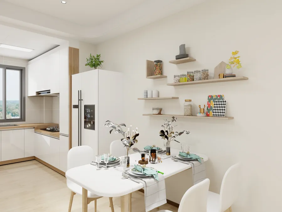 Modern white dining table with chairs next to a refrigerator and wooden kitchen wall shelves