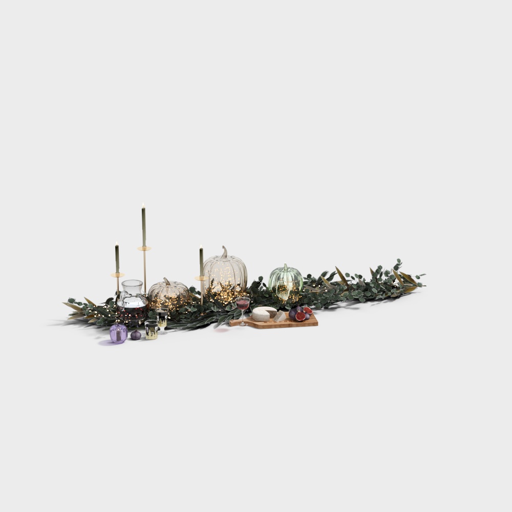 Pumpkin Lantern Table Arrangement 3D Model – Low-Poly Autumn Decor