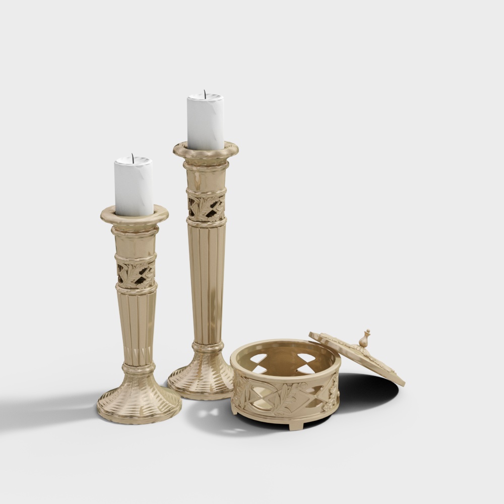 Golden Candlesticks and Holder Set 3D Model – Intricate Design