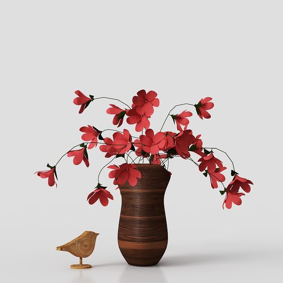 Wooden Vase with Red Flowers 3D model