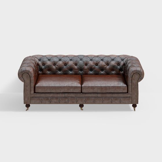 Traditional Brown American Three-Person Sofa 3D Model