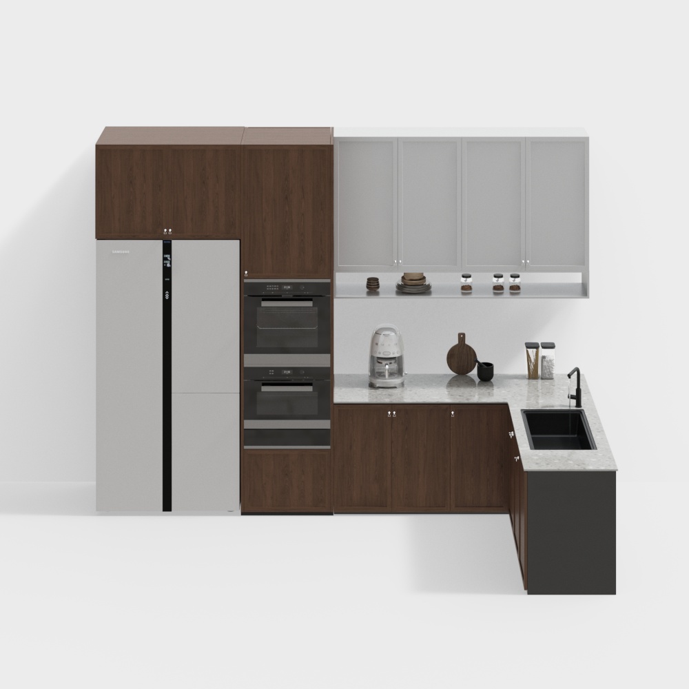 Modern Brown Kitchen Cabinet 3D Model – Wood & Metal