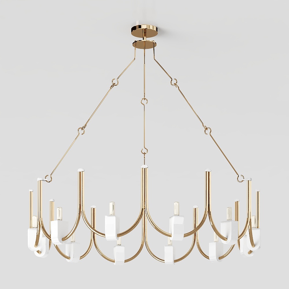 Chandelier Elegance 3D Model – Gold Frame with White Shades