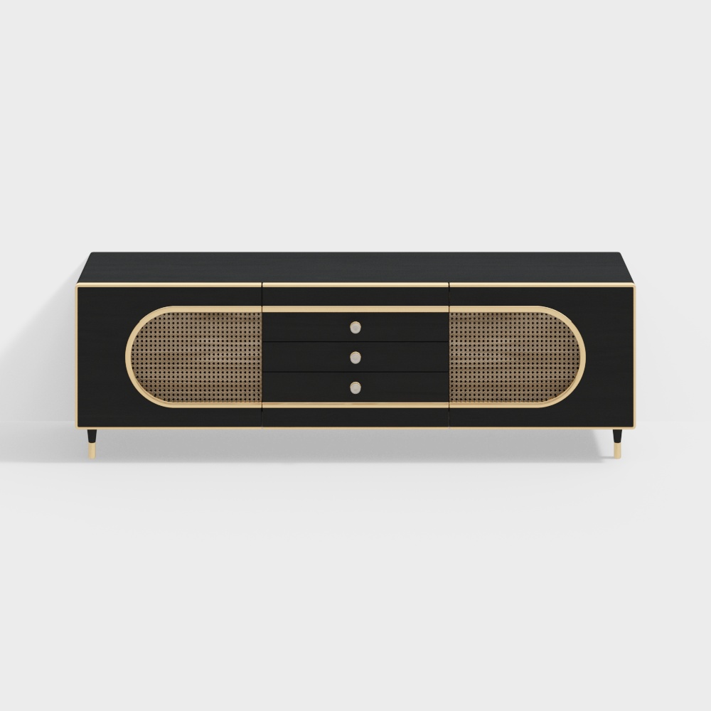 Art Deco Media Console 3D Model – Black & Gold Design