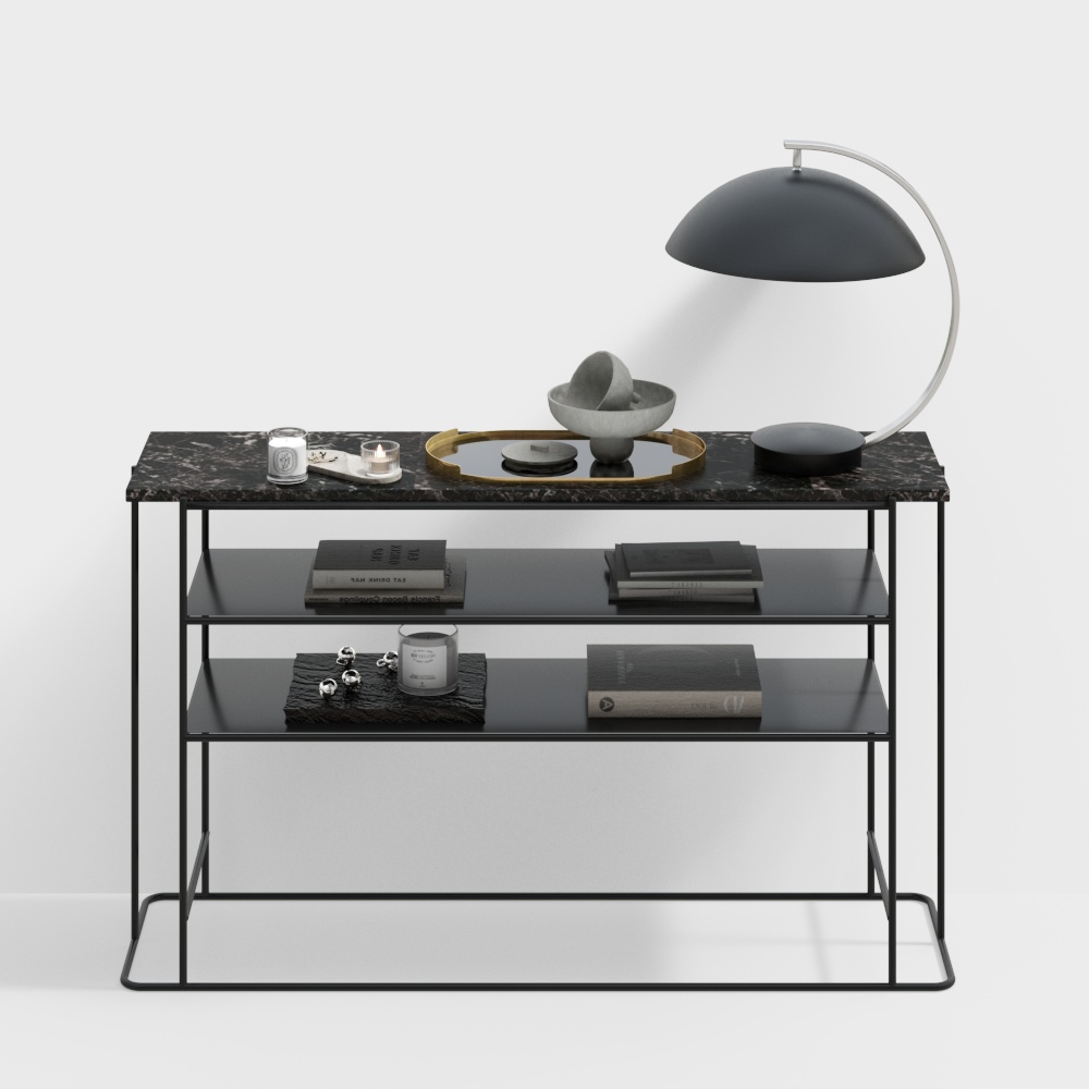 Minimalist Side Table 3D Model – Black Marble & Metal