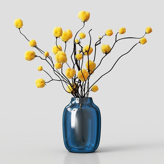 Cotton Branch and Glass Vase 3D model
