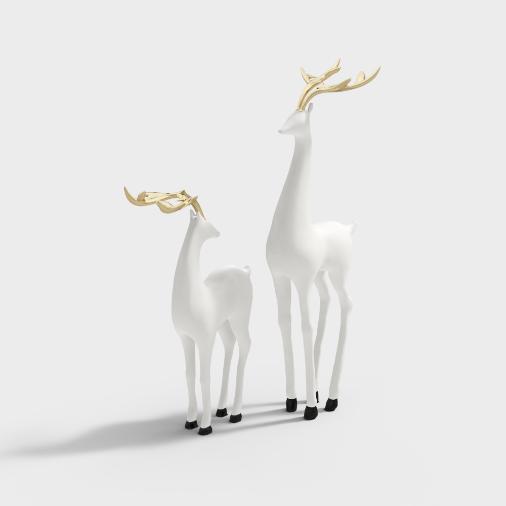 Elegant Deer Sculptures 3D Model – White and Gold