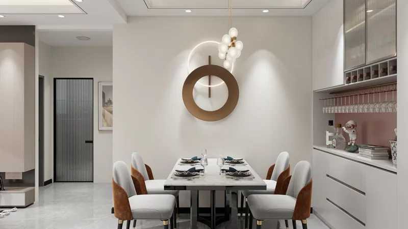 Modern dining room with marble table six grey chairs white cabinet ceiling light wall light