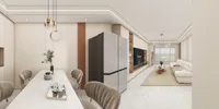 Open plan living area featuring marble dining table, silver refrigerator, white sofa, and wall television