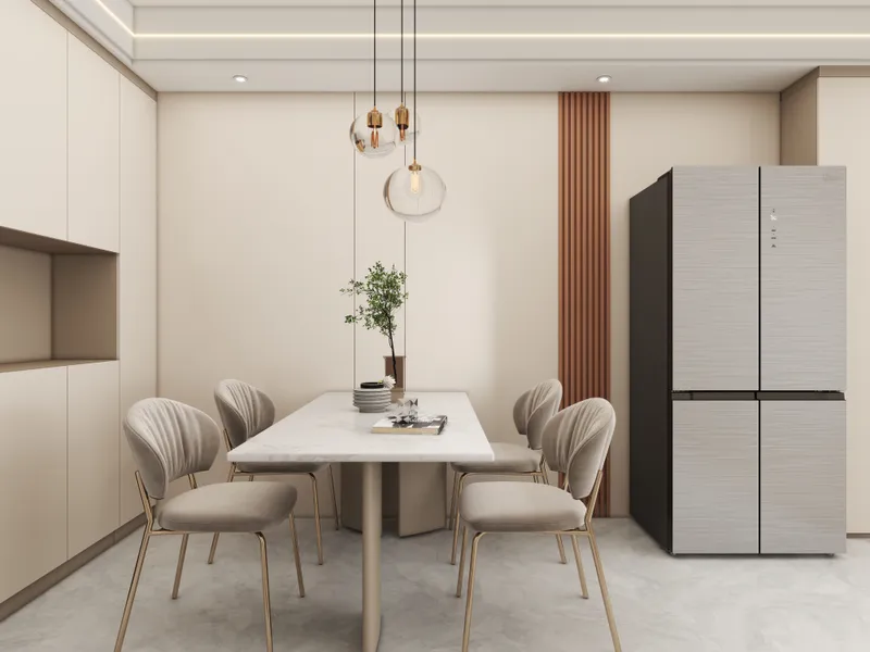 Modern dining room with marble table, beige chairs, large refrigerator, and glass ball ceiling lights