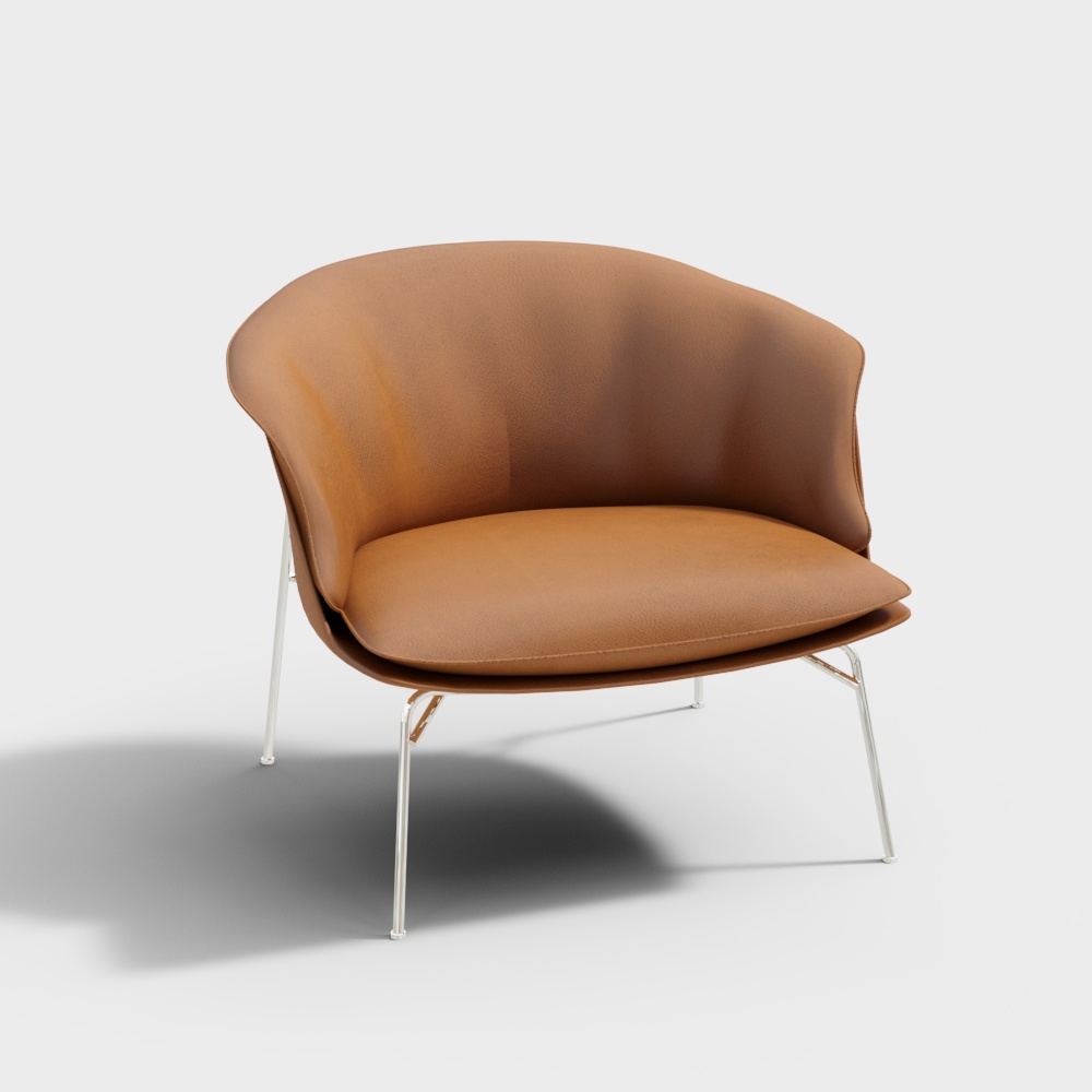 Streamlined Sofa 3D Model – Brown Leather & Silver Frame