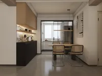Modern dining area with wooden table woven chairs black cabinet marble wall and glass doors