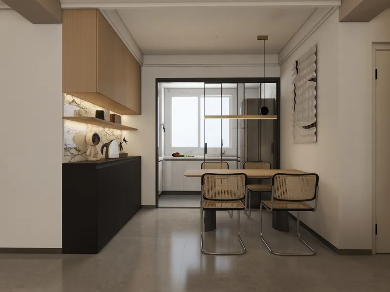 Modern dining area with wooden table woven chairs black cabinet marble wall and glass doors