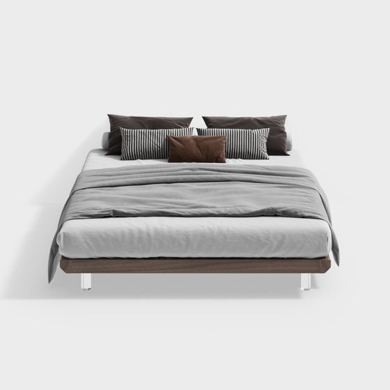 Floating Double Bed 3D Model in Modern Brown