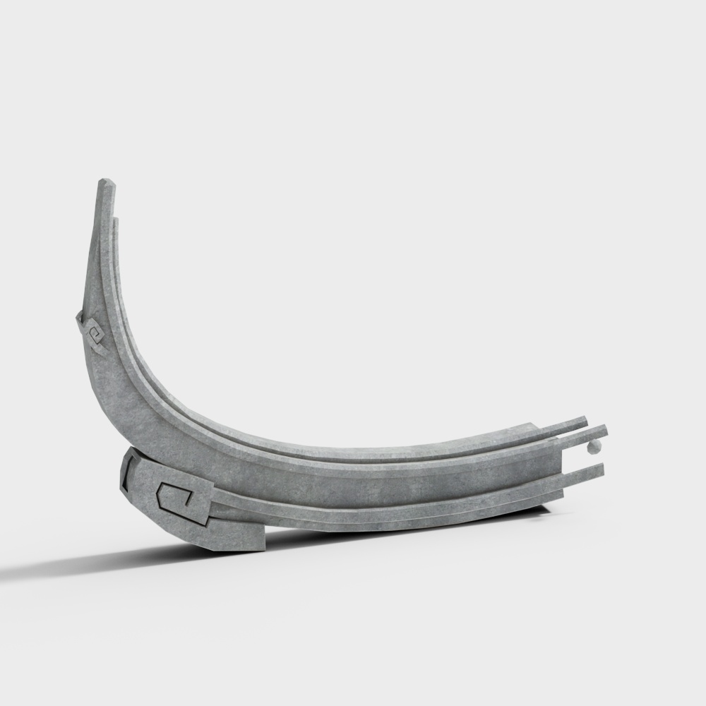 Grey curved roof tile with decorative ends and smooth surface texture on white background