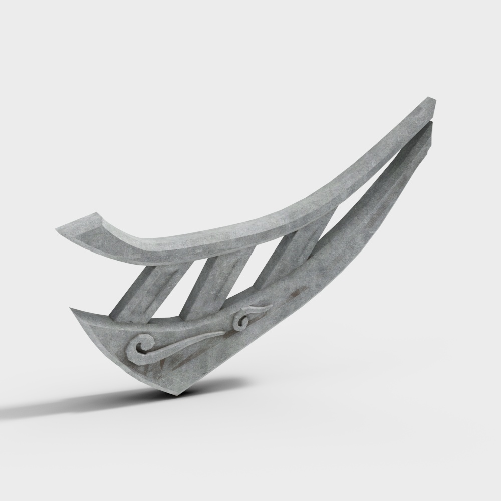 Grey stone decorative roof beam with carved patterns and curved shape on white background