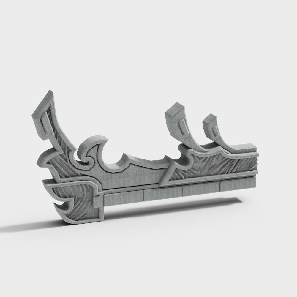 Grey stone roof ridge ornament with curved ends and carved details on white background
