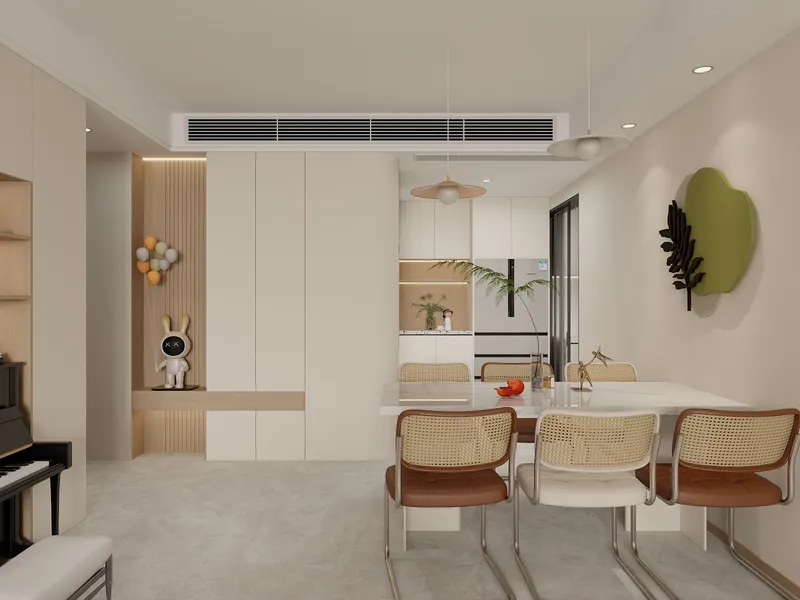 Modern Dining Room Design with Neutral Tones and Functional Storage