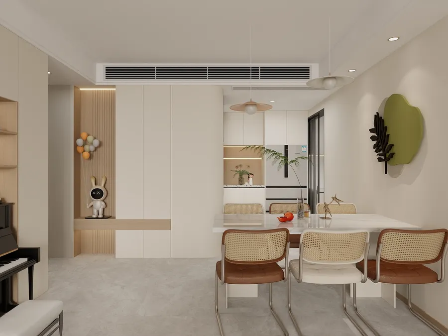 Modern Dining Room Design with Neutral Tones and Functional Storage