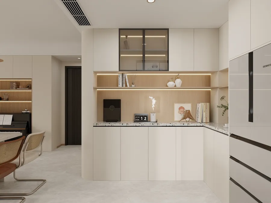 Modern white storage cabinets with wooden shelves glass doors coffee machine books and dining chairs
