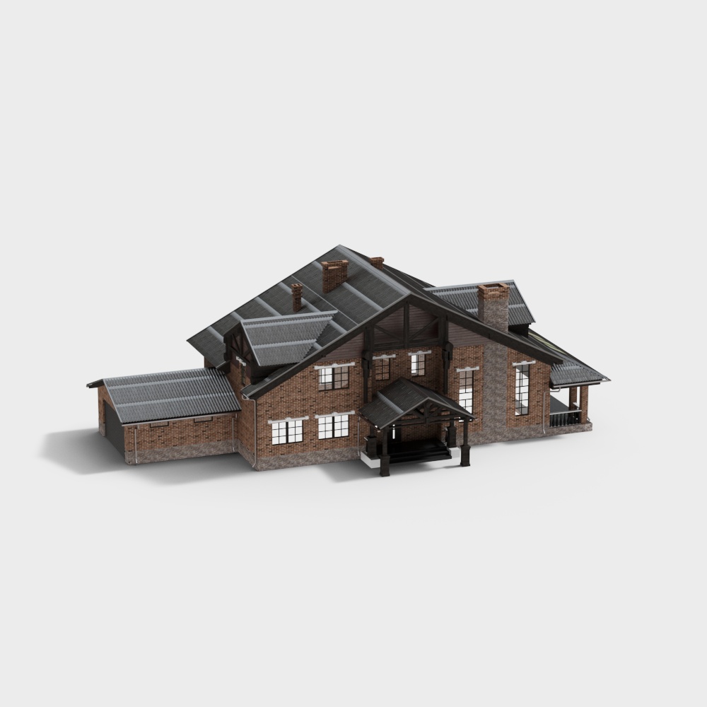 Low-Poly Country Villa 3D Model – Red Brick Exterior