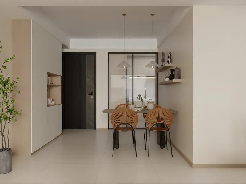 Dining area with wooden chairs white storage cabinet black door green plant and ceiling lights