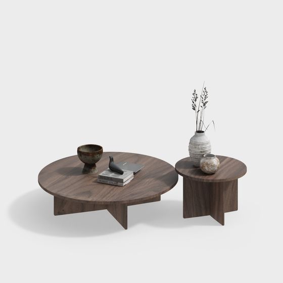 Stylish Wooden Round Table and Side Table Set 3D model