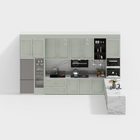 Stylish Kitchen 3D model with Gray and Gold Accents