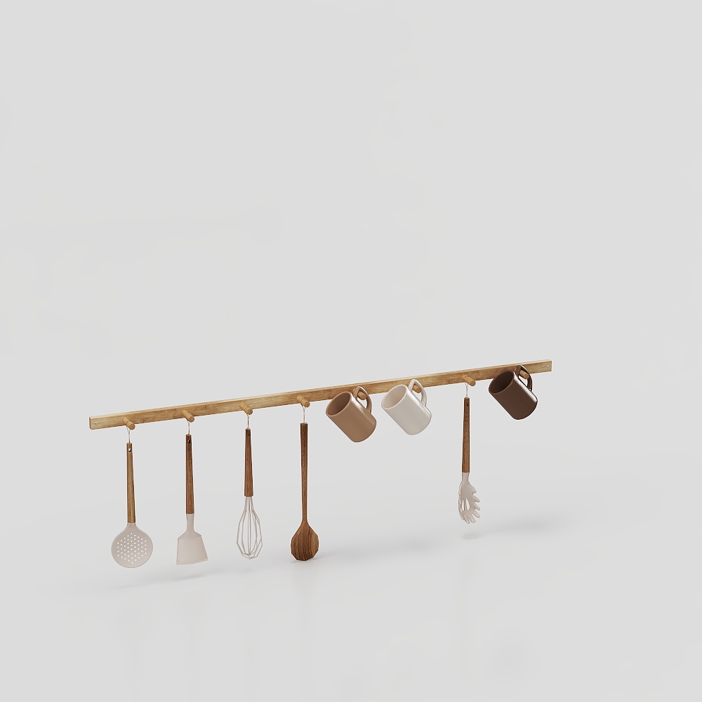 Kitchen Utensil Rack 3D Model – Natural Wood Design